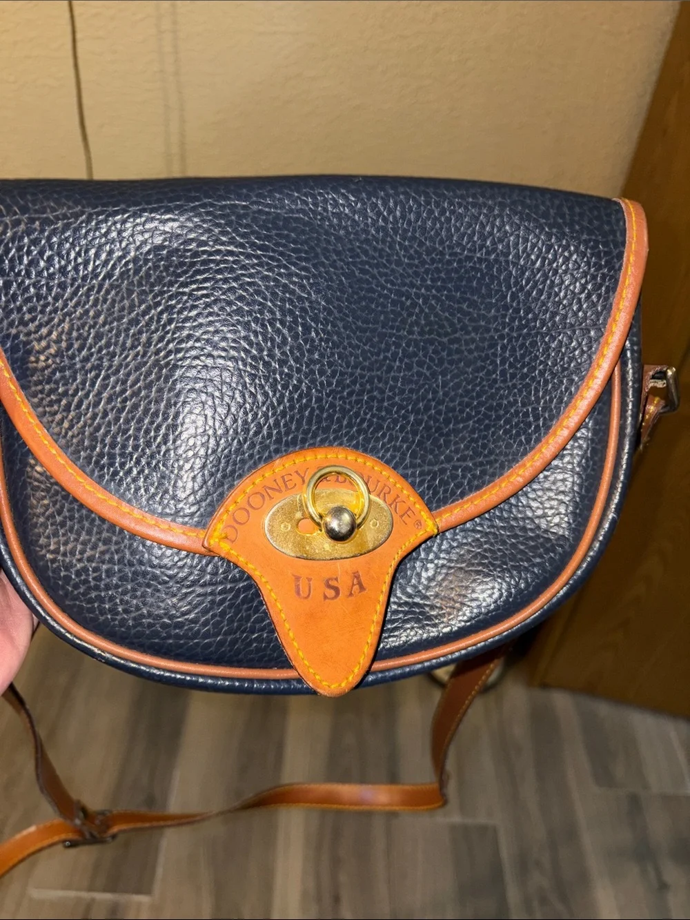 Dooney & Bourke Navy Pebble Leather Crossbody with Tan Trim and Strap